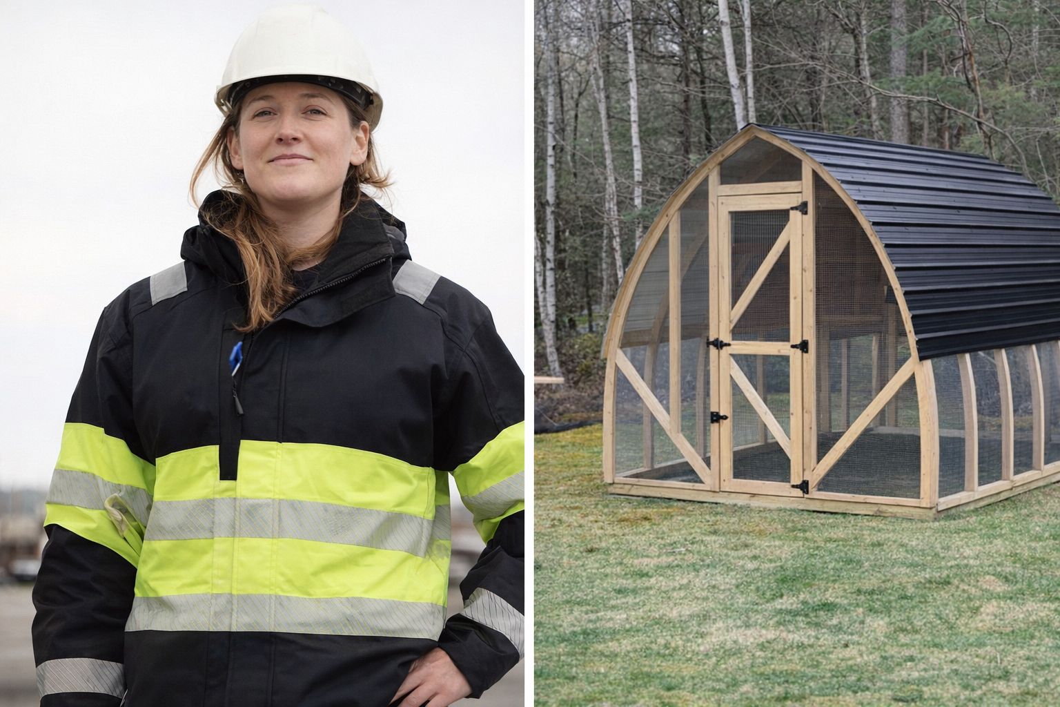 Kvinna i skyddskläder och en välbyggd trästruktur för cirkulära byggprojekt.